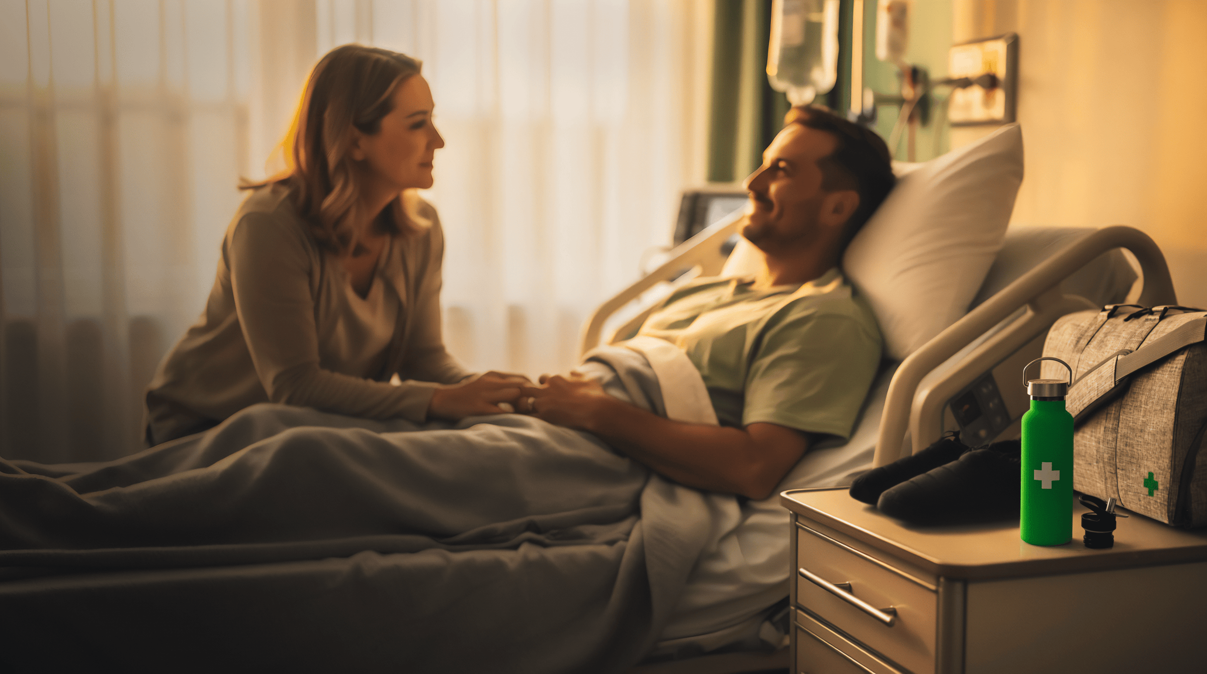 Woman sitting by a man lying in a hospital bed, holding his hand.