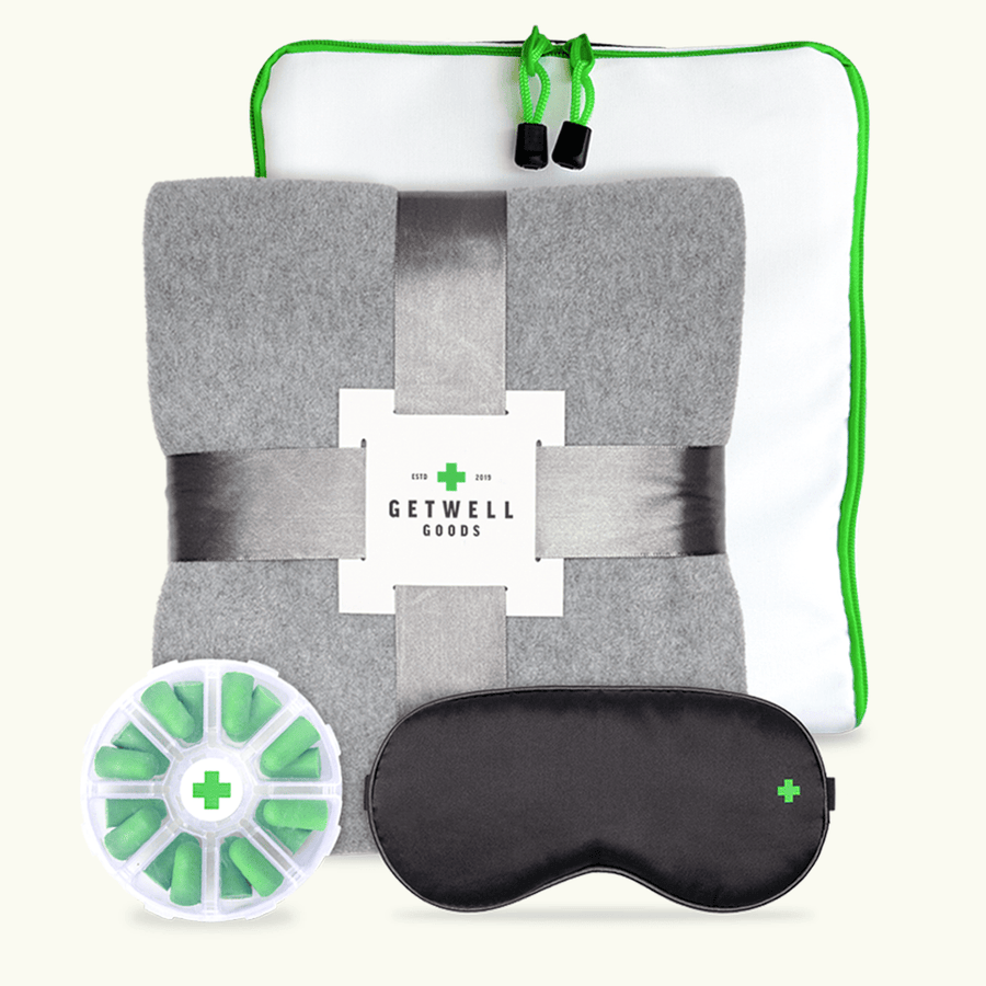 Hospital sleep care package with soft blanket, silk sleep mask, ear plugs and carry bag