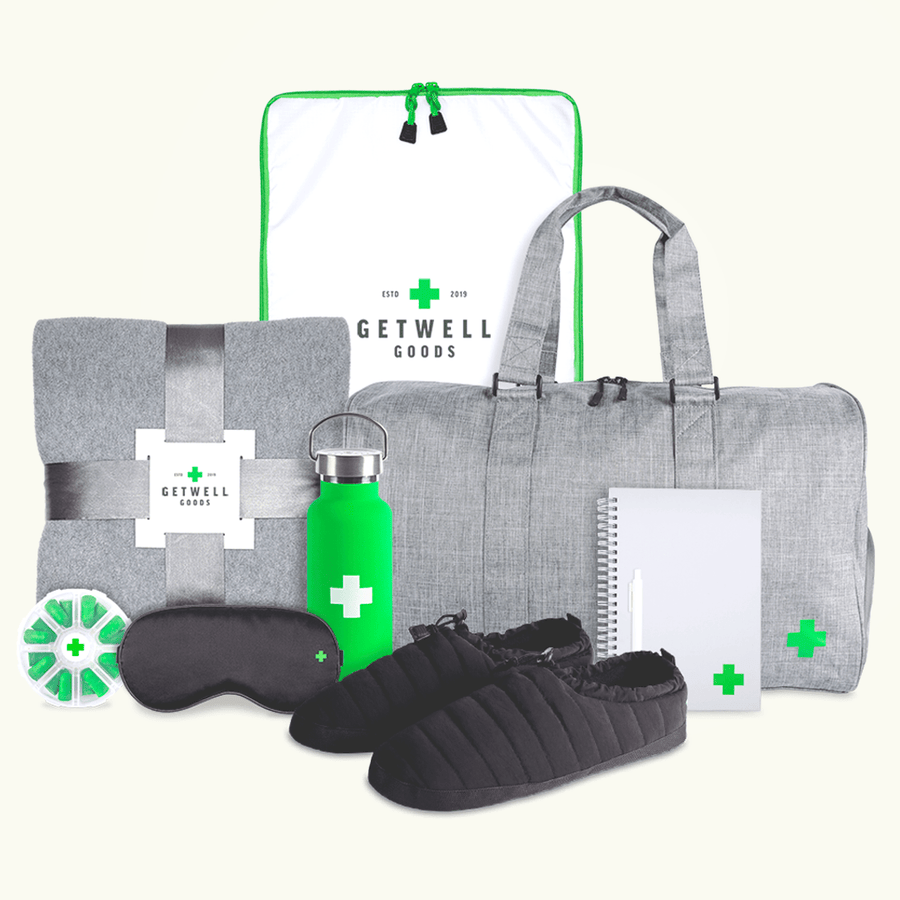 Hospital care package with blanket, slippers, water bottle and sleep mask — Getwell Goods